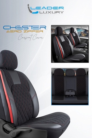Toyota Avensis Lüx Yarı Deri Oto Koltuk Kılıfı Ön Arka Takım Chester Siyah Kırmızı