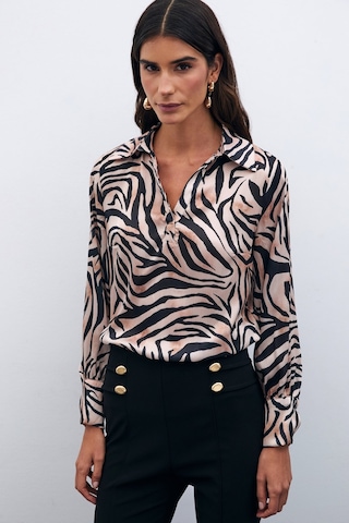 Sateen Desenli Gömlek Yaka Bluz - Siyah-135570 Siyah