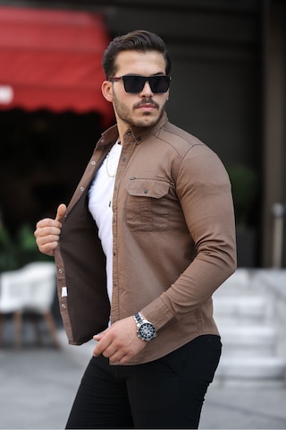 Mero Life Erkek Kahverengi Slim Fit Dar Kesim Kot Gömlek Kahverengi