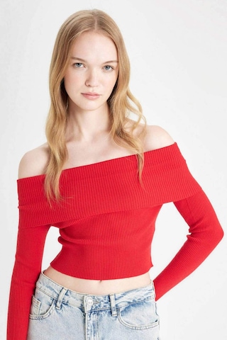 Defacto Coool Slim Fit Dar Kesim Açık Omuz Basic Düz Triko Kazak B6537AX24WNRD106 Kırmızı