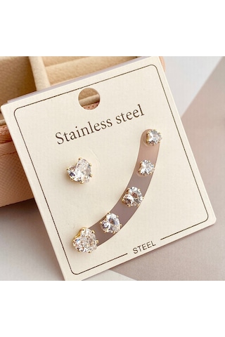 Tektaş Küpe Kalp Model Tektaş Üçlü Set Küpe Kararmaz Çelik Gold