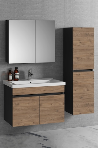 Çiğdem 80+35 Cm Antrasit Gri Mat-Atlantik Çam Mdf Seramik Lavabol Antrasit - Atlantik Çam