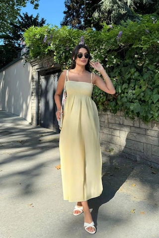 Uzun Pamuklu Yaz Elbisesi Askısı Bağlamalı Astarsız 4301 Sarı