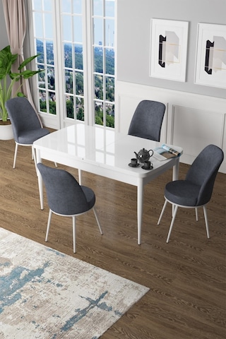 Canisa Concept Zen Serisi 80x132 Mdf Açılabilir Beyaz Masa Takımı Ve 4 Füme Sandalye Füme Sandalyeler Beyaz Masa
