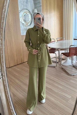 Gold Düğme Detaylı Fitilli Takım - Yağ Yeşili Yağ Yeşili