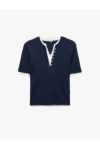 Koton Regular Fit Kısa Kollu Katmanlı Henley Yaka Düğmeli Triko Kazak Lacivert 7wak90467ht