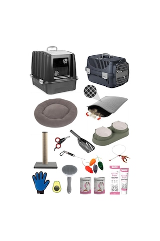 Pribor Kedi Başlangıç Seti Kapalı Tuvaletli Lüx 20 Parça Siyah-gri