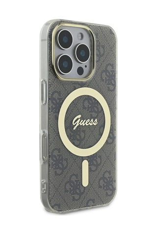 Apple iPhone 16 Pro Uyumlu Kılıf Guess Lisanslı Magsafe Özellik Yazı Logolu 4g Desenli Kahverengi