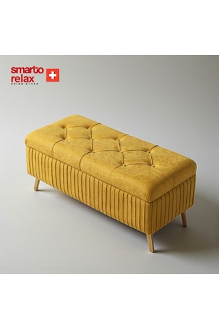 Smarto Relax Swiss Style Puf , Appenzell Kapitonesandıklı Puf, Babyface Kaplama, 100x40x45 Cm, Ahşap Ayaklı ,sandıklı Dekoratif Puf Sarı
