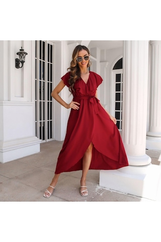 Gmxıa Kadın Modası Günlük Düz Renk Baskı Kısa Kollu V Yaka Bluzlar Ve Gömlekler Kırmızı