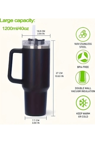 Trendooze 40 Oz Paslanmaz Çelik Gri Sızdırmaz Termos Matara Kapaklı Pipetli Gaojunshop01 Gri