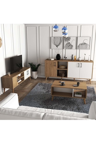 Exxen Ahşap Ayaklı Tv Ünitesi - Orta Sehpa - Konsol Seti Sepet - Beyaz Set 1584-2074-1624