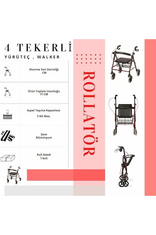 Medkimsan Rolatör | 4 Tekerli Yürüteç | 130 kg Taşıma Kapasiteli | Sepetli Lüx