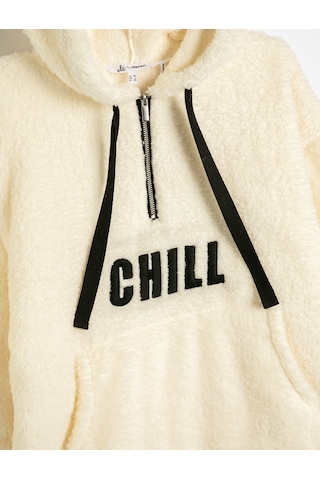 Koton Kapşonlu Peluş Sweatshirt Yarım Fermuar Detaylı Kanguru Cepli İşlemeli Ekru 4wal10098ık Ekru
