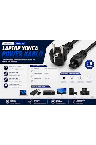 Laptop Yonca C5 Güç Kablosu 1.5 M 3 0.75 Mm²