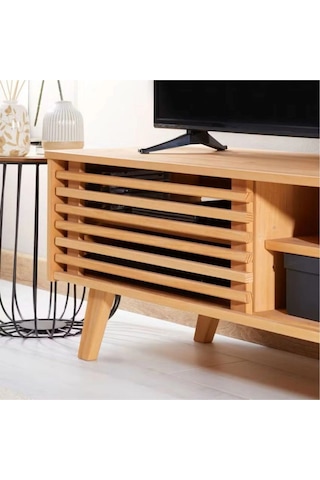 Scandiline Modern Ahşap Tv Ünitesi Izgara Kapaklı Minimal Tasarım Natural