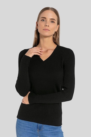 Miss Poem Kadın V Yaka Slim Fit Fitilli Uzun Kışlık Ekru Triko Kazak Siyah