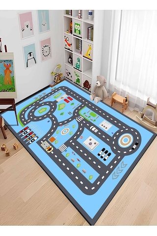 Mavi Ve Gri Renk Şeritli Yol Çocuk Odası Halısı Mavi