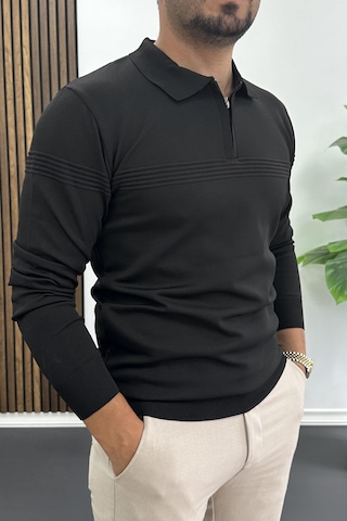 Edwox Erkek Slim Fit Çizgi Detaylı Polo Yaka Kazak Siyah Edw427 Siyah