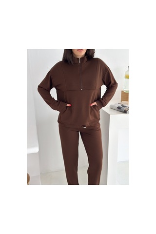Gugus Kadın Yarım Fermuarlı Model Beli Lastikli Dar Paça Eşofman Takımı Kahverengi