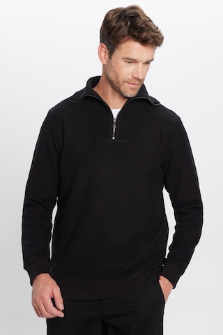 Tudors Unisex Relax Fit Rahat Kesim Fitilli Desenli Pamuklu Yarım Fermuarlı Siyah Dik Yaka Sweatshirt-31986 Siyah