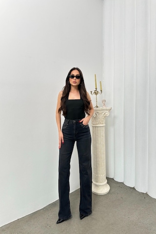Lacarino 7984 Wide Leg Kadın Jean Pantolon Siyah Taşlı