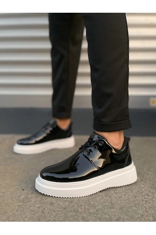 Mevese Ornex Erkek Deri Görünümlü Bağcıklı Casual Sneaker Klasik Günlük Ayakkabı - Siyah Beyaz Rugan