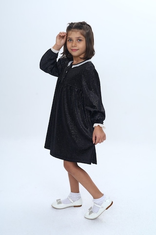 Toontoy Kız Çocuk Yaka Düğmeli Fırfırlı Elbise Siyah