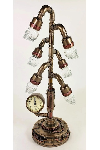 Steampunk Serisi Boru Sistemli, Saatli, Kristal 6lı Kafatası Led Gece Lambası