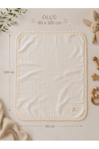 Heianmono 2 Katlı Jakarlı Krem Rengi %100 Pamuk Müslin Saçaklı Bebek Battaniye 80x100 CM
