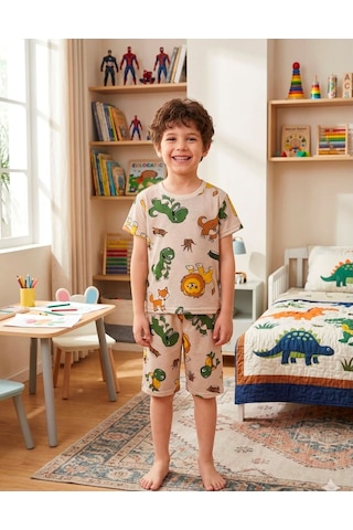 Aliş Kids Erkek Çocuk Pamuklu Bej Rengi Safari Desenli Kısa Kollu Şortlu Yazlık Pijama Takımı