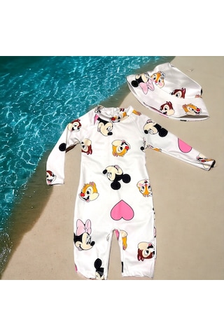 Unisex Çocuk Mayo Yarım Vücut Güneş Koruma Hassas Ten Sevimli Mickey Baskı Desen Mayo Şapka Hediyeli Ekru