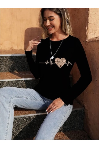 Ahes Shopping Kadın Uzun Kollu Bisiklet Yaka Kalp Desenli Bluz Siyah