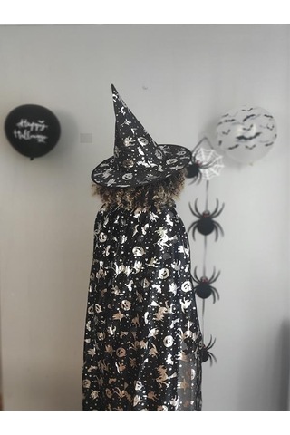 Halloween Cadılar Bayramı Gümüş Desenli Cadı Şapka Ve Pelerin Set
