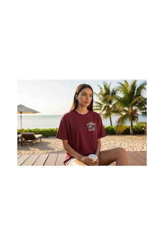 Urbantrendstore Unisex Hawai Baskılı Casual Tatil İçin Sade Basic Yazlık Beyaz Tshirt Oversize Fit Rahat Geniş Salaş T-shirt Günlük Tişört Bordo