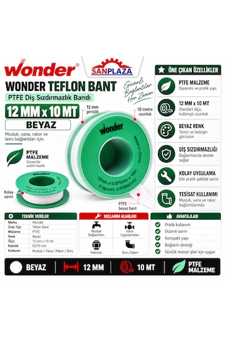 Sanplaza Wonder Teflon Bant 12 Mm X 10 Mt Ptfe Diş Sızdırmazlık Tesisat İzolasyon Bandı 10 Adet