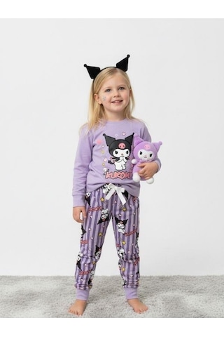 Kız Çocuk Pamuklu Baskılı Pijama Takımı-16830 Mor