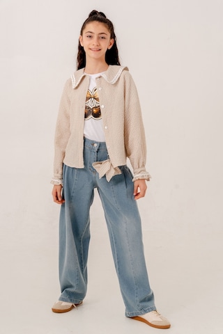 Kız Çocuk Su Taşlı Gömlek T-shirt İkili Takım 1805 Bej