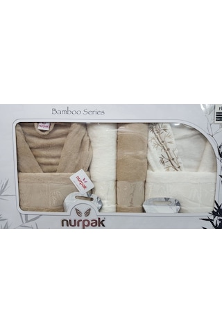 Nurpak Bambu Aile Bornoz Seti Kahve Krem