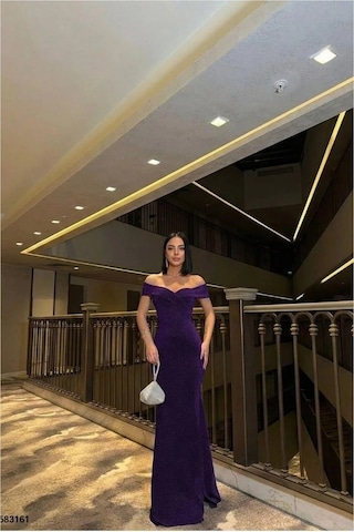 Euro Class Kadın Trend Kayık Yaka Balık Kesim Abiye Elbise Mor