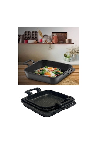 Eda 3 Lü Granit Kare Döküm Sahan Tava Seti Takımı - 18-20-22 Cm