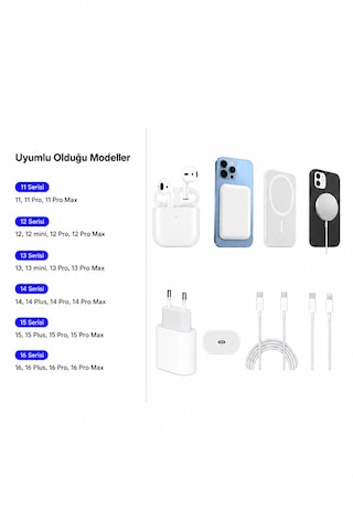 Sbz Apple iPhone Uyumlu Tam Takım Set 6 Parça - Bluetooth Kulaklık - Magsafe Powerbank - Magsafe Şarj Aleti - 35w Usb-c Hızlı Şarj Adaptörü - Usb-c To Lightning Ve Type-c To Type-c Hızlı Şarj Kablosu