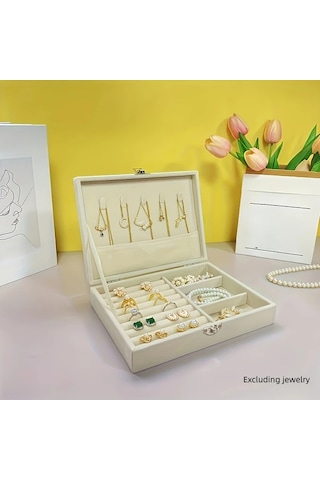 Elmpaly Beige Vintage Kumaş Mücevher Kutusu Yumuşak Kadife Astarlı Kilitlenebilir