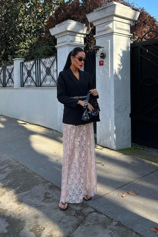 Crimson Grace Kadın Vizon Dantel Maxi Etek Şık Yazlık Tasarım Vizon