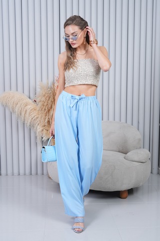 Polologin Butik Beli Bağcıklı Yüksek Bel Bol Paça Açık Mavi Pantolon Mavi