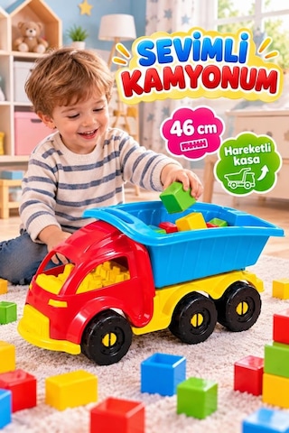 Büyük Boy 46 Cm Hareketli Kasalı Sevimli Kamyon - Çocuklar İçin Oyuncak Damperli Hafriyat Kamyonu