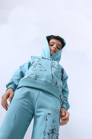 Erkek Çocuk Kapşonlu Eşofman Takımı 4 Mevsim Wolf Baskılı Ribanalı F12 Mavi