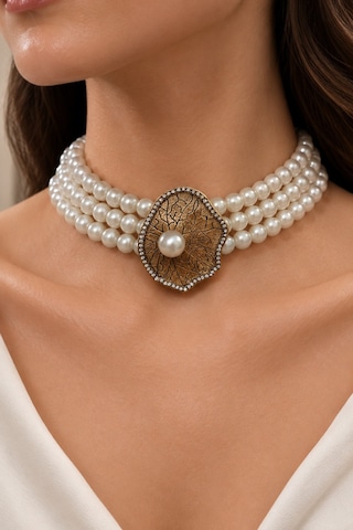 Zirkon Taşlı Choker İnci Kolye Deniz Kabuğu Figürlü Beyaz