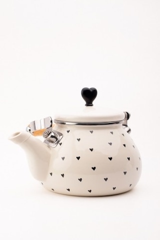 Black Cupid Emaye Siyah Kalp Desenli Vintage Kettle - 2 Litre