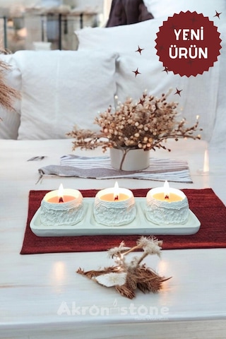 Dekoratif Tepside Kayalık Detaylı Üçlü Mum Seti Beyaz